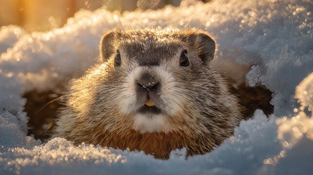 Groundhog day peeking out from its burrow in the snow, winter season. 
