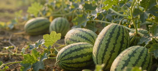 Dark green watermelons with light green stripes sit on a branch in a sunny field.