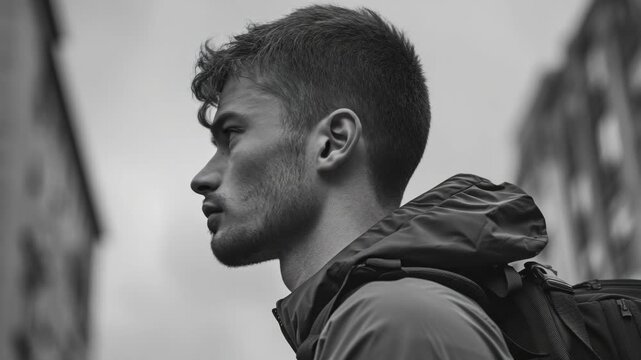 Young man gazes thoughtfully at camera. He wears a hooded jacket, shoulders squared. City buildings blur softly in background. Gray tones emphasize mood and depth