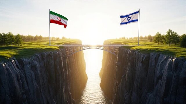 Bridge of Nations: An allegorical representation of the geopolitical landscape, featuring the flags of Iran and Israel poised at a symbolic bridge, bridging a divide under the soft glow of the sun.