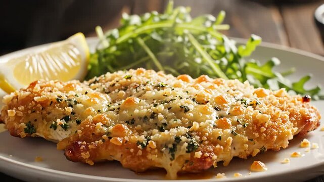 Prepared chicken dish with breading and side salad on white plate