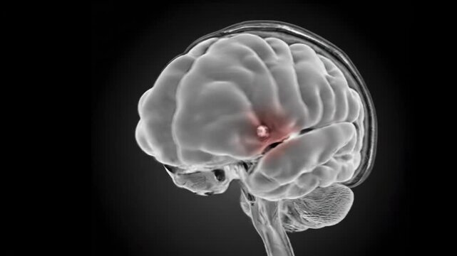 3D rendering of a human brain with a highlighted red area, possibly indicating a specific region or medical condition.