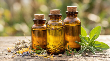 Close-up of small glass bottles with herbal oils and dried medicinal herbs, natural medicine concept