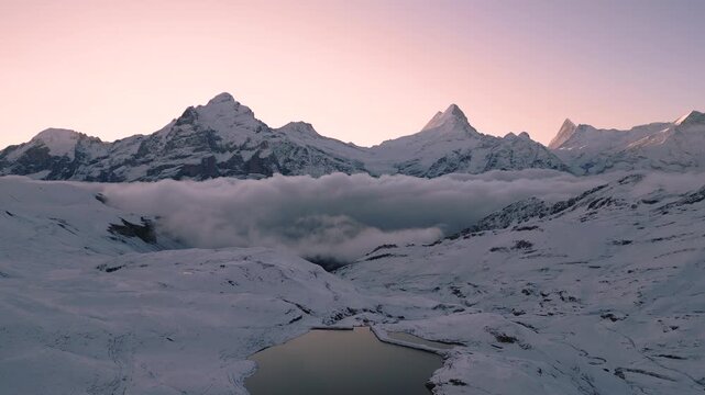 Lake Bachalpsee with Jungfrau, Eiger, and Monch Peaks after an early snow