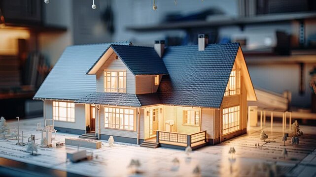 miniature wooden house model on blueprint, warm workshop lighting highlights snow-dusted roof and detailed shingles, scale tools and drafting papers surround