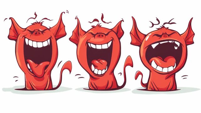 Red demon laughs wildly with wide eyes and open mouth. Each frame shows a different laugh expression. Tail wags and horns twitch with joy. Bright cartoon style suits fun or comedic projects