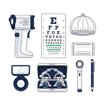 Comprehensive Eye Care Tools: A Visual Guide Featuring Optometry Instruments and Essential Items