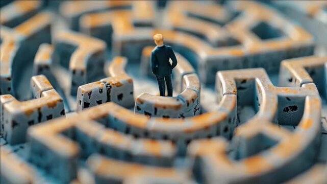 Miniature figure stands tall amid complex, weathered maze walls. Pathways twist, suggesting challenges and choices ahead. Figure's poised stance implies determination, calm focus