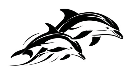 Fototapeta premium Artistic stylized black and white dolphins jumping, elegant marine animals, abstract ocean wildlife illustration, tribal tattoo design