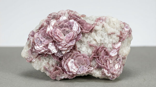 Pink scaly lepidolite mica aggregates forming rose shaped clusters on a white quartz matrix.