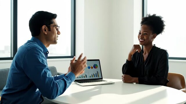 Two business colleagues discussing data on laptop at office table with graphs