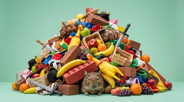 Hamster buried under a pile of random objects on mint green background, hoarding and clutter concept