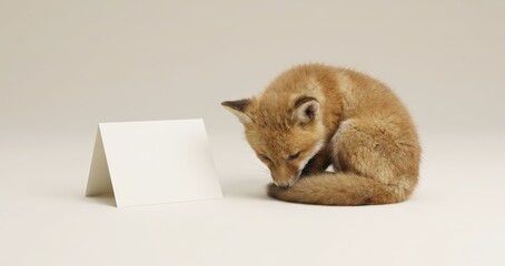 Fototapeta premium Centered Baby Fox Curled Slightly with Remorseful Posture on Neutral Background