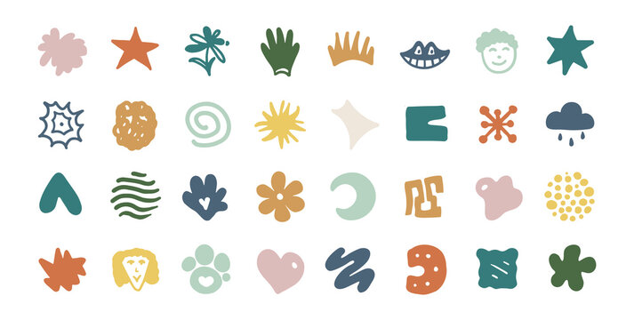 Cute hand drawn doodle icons set in boho naive style. Abstract organic shapes with flowers, crown, cloud, heart and playful symbols in flat vector design. Perfect for kids branding, stickers and