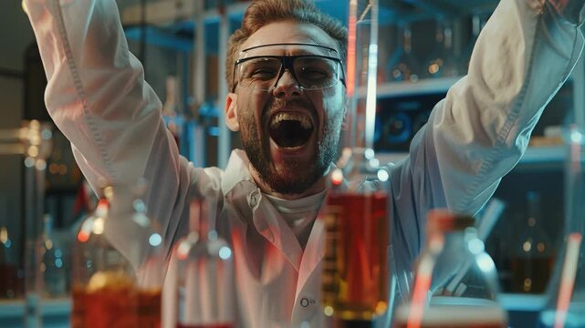 Caucasian chemist celebrates colorful chemical eruption in modern research laboratory, safety goggles and gloves, arms raised as multicolored foams overflow