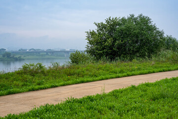 Fototapeta premium Quiet riverside walking path with green trees and bridge in foggy morning
