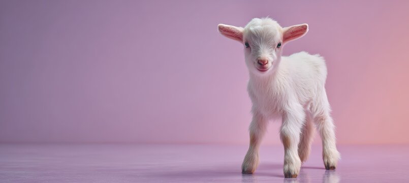 Wide Scene of Goat Kid with Sorry Expression in Minimal Studio with Pastel Lavender Gradient Wall