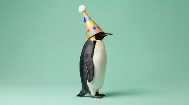 Funny penguin wearing a colorful polka dot party hat on a mint green background.
