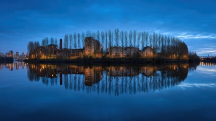 Naklejka premium Reflective Water Surface Mirroring Giant Floating Forest Lungs Above Polluted Riverside Factory