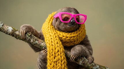 Fototapeta premium Funny sloth wearing pink glasses and yellow scarf perched on a branch.