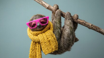 Fototapeta premium Funny sloth wearing pink sunglasses and yellow scarf hanging on a branch.