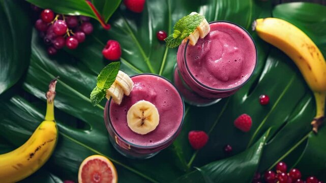 Tropical smoothies glow on lush green leaves. Bananas and berries surround the vibrant drinks. Fresh mint and fruit slices add a zesty touch. Sunlight highlights the rich, colorful texture