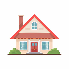 Cartoon house with red roof and door, bushes, and chimney on white