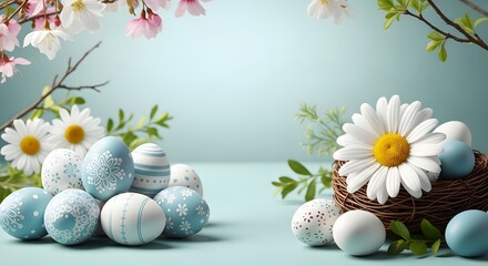 Obraz premium Easter eggs and flowers in a springtime arrangement with a nest
