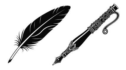 Elegant feather and ornate pen depicted in a dark silhouette © Hiron