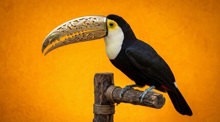 Fototapeta premium Surreal toucan bird with ornate carved gold beak on yellow background.