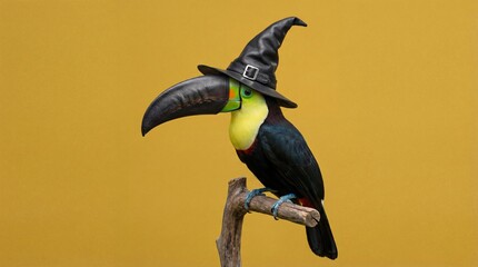Fototapeta premium Quirky toucan bird wearing a black witch hat perched on a yellow background.