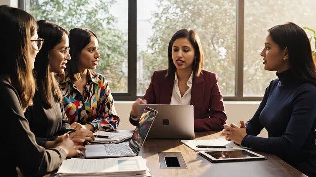 Group of businesswomen discussing and planning with laptops and documents