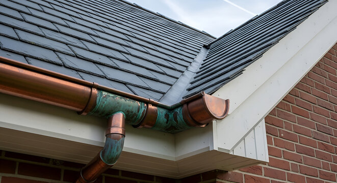 Close up view of house roofline with copper gutters and downspouts.