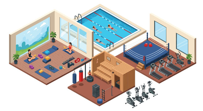 An isometric illustration displays a fitness center with a yoga room, swimming pool, boxing ring, sauna, and cardio gym equipment.