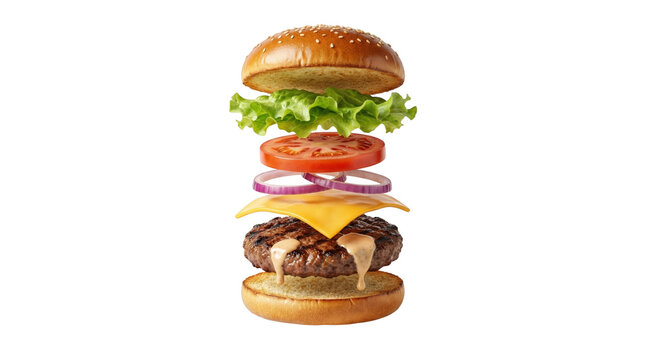 Exploded Cheeseburger with Flying Ingredients Isolated on Black Background