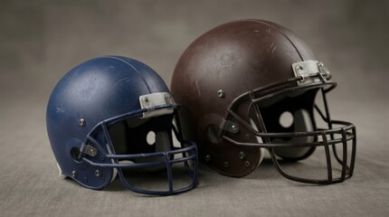 Fototapeta premium Child-sized blue helmet and adult brown helmet side by side on neutral background