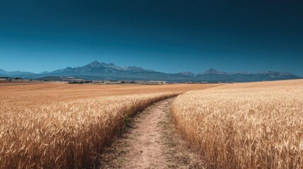 Fototapeta premium Golden wheat field path leading to distant mountains