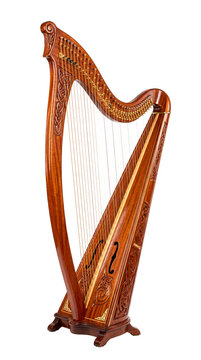 A meticulously crafted, elegant harp, resonating with musical promise