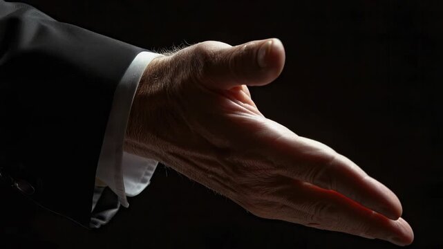 Hand extends forward, palm open, fingers slightly curved. Dark suit sleeve contrasts with dim background. Light highlights knuckles, veins, and skin texture. Gesture suggests offering, reaching