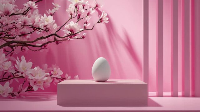 Pink blossoms frame a serene, minimalist scene. Single egg rests on a clean pedestal. Soft light casts gentle shadows across the backdrop. Vertical slats add depth to the pastel environment
