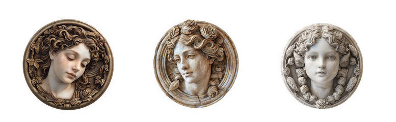 Three neoclassical female busts with curly hair, sculpted in stone and plaster isolated on transparent background