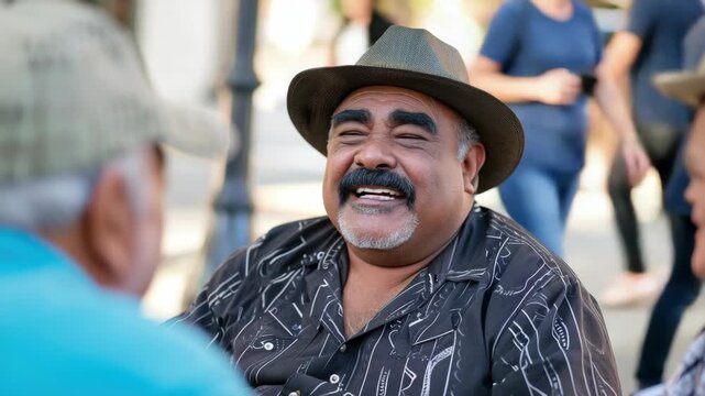 Man smiles warmly at friend outdoors. He wears a patterned shirt and hat. Sunlight glows softly on his face. Friendly conversation fills the moment. Background hints at casual urban setting