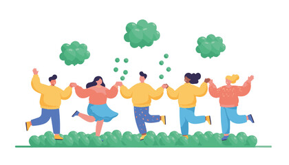 Fototapeta premium Vector Flat Illustration of Friends Dancing Outdoors Covered in Green Paint for St. Patrick's Day Street Party Celebration