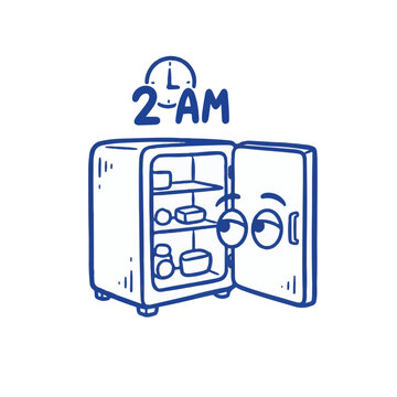 Doodle Style Refrigerator at 2AM with Glowing Eyes for Midnight Snack Concept and Grocery App Marketing Holiday Promo