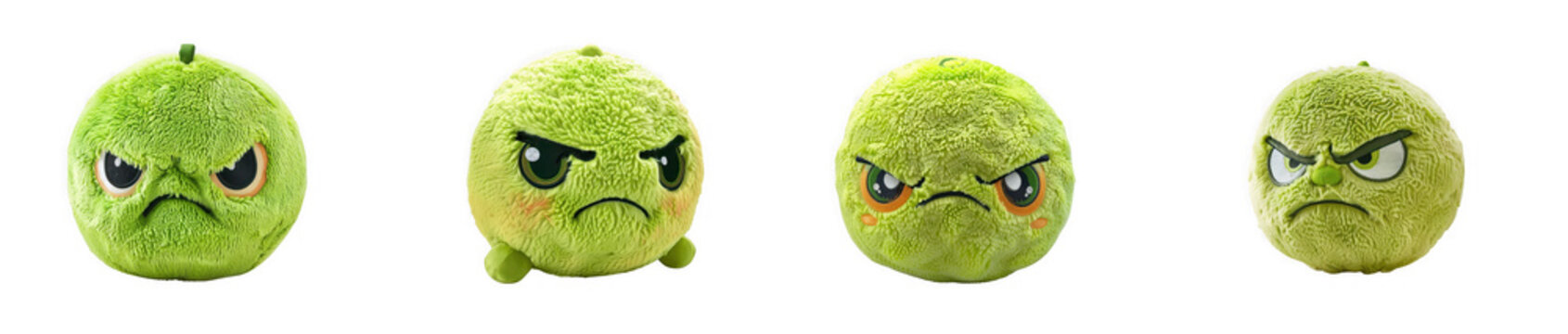 Four grumpy green emoji plush toys with angry expressions, fun characters isolated on transparent background
