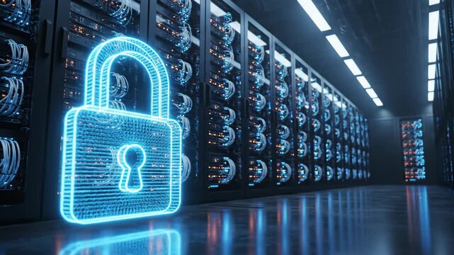 blue neon padlock symbol glowing in dark server room. cyber security and data protection concept. network safety, encryption technology. cloud storage, digital privacy.