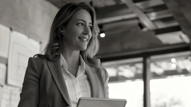 Confident woman smiles while holding tablet. Modern office space with soft natural lighting. Professional attire suggests business focus. Her gaze implies satisfaction or success