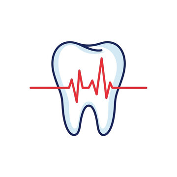 Dental Health Illustration Featuring a Tooth and Red Heartbeat Line Graphic Design Concept