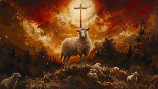 Textured lamb before wooden cross cinematic, oil-painting style with impasto texture and moody chiaroscuro lighting, warm brown and red palette, splattered