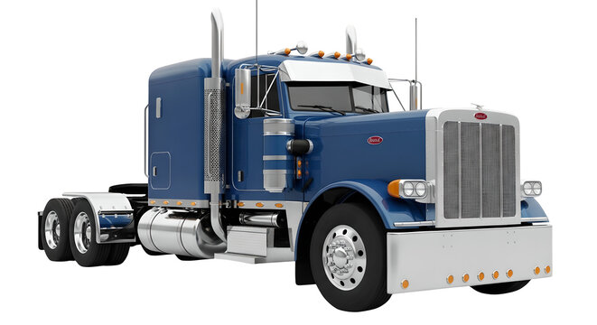 A blue peterbilt semi truck with a chrome grill and exhaust stacks is displayed